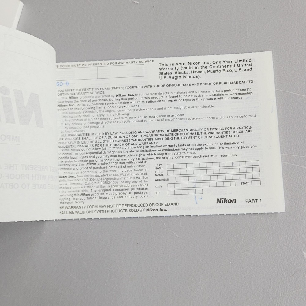 Nikon SD-9 User's Guide w/ Warranty Card