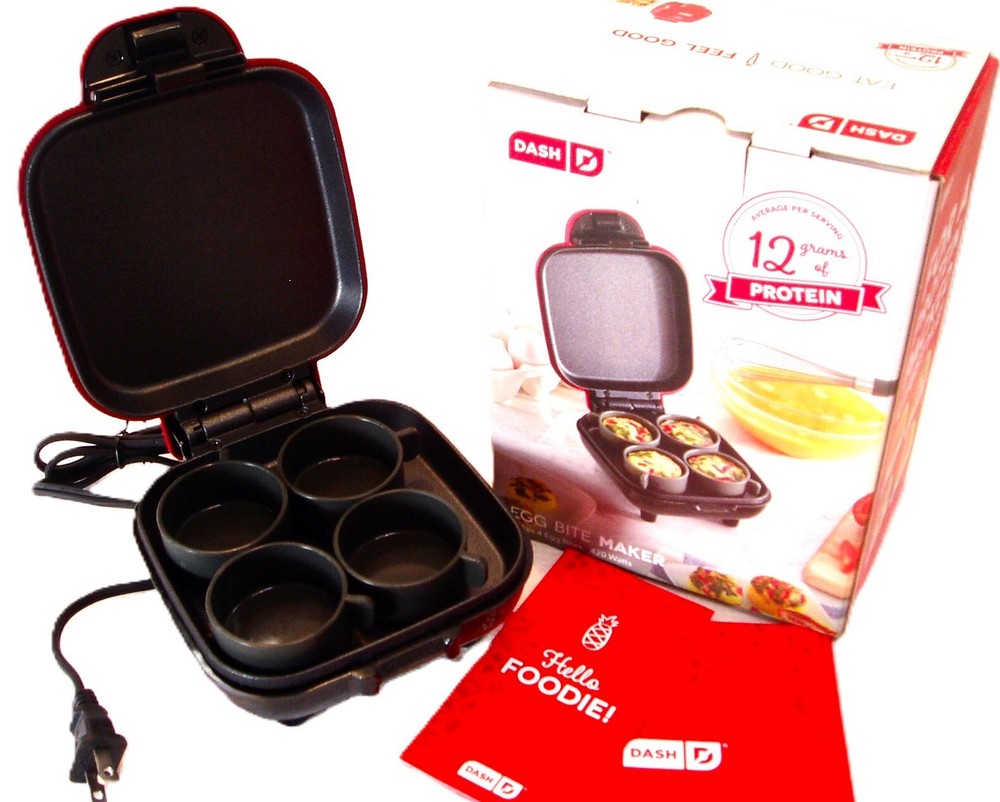 RED DASH EGG BITE MAKER 420 WATTS 4 SILICONE CUP MOLDS & RECIPE BOOKLET