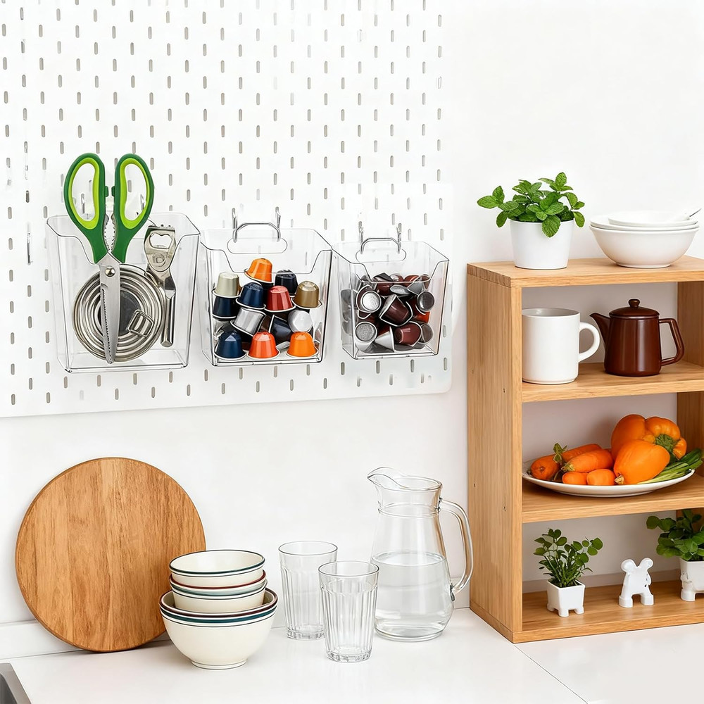 6 Pack Clear Pegboard Cups Hooks Plastic Peg Board Bins Pegboard Organizer Mouth