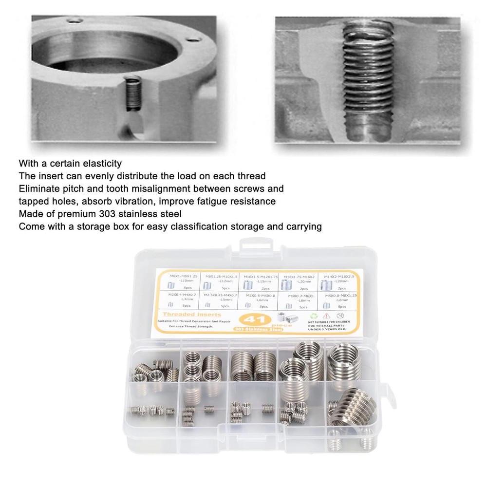 Thread Reducer Nut Assortment 41 Pcs Repair Insert Normal, Silver