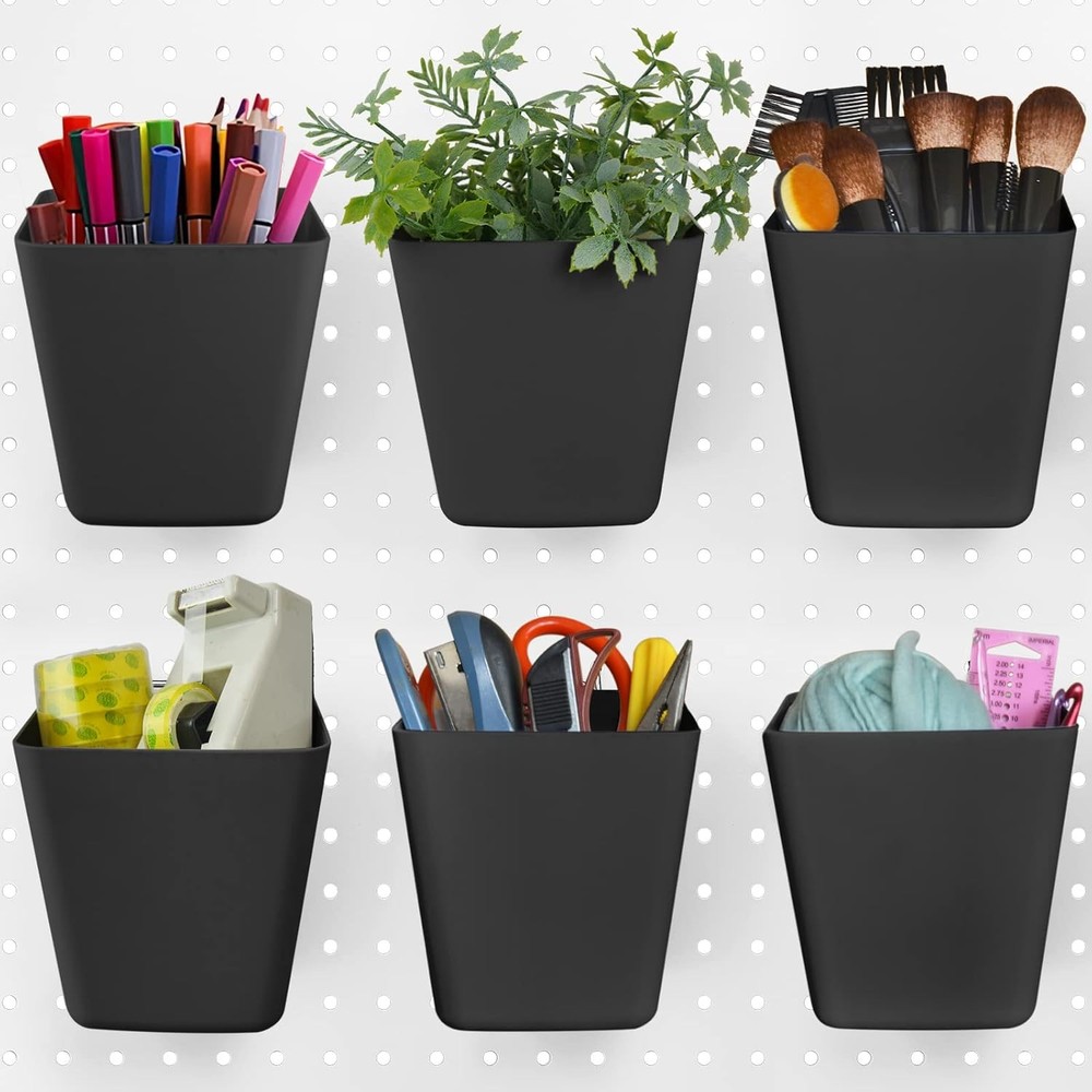 G.CORE Large Pegboard Cups Peg Board Storage Bin 6 Pack with Hooks, Black