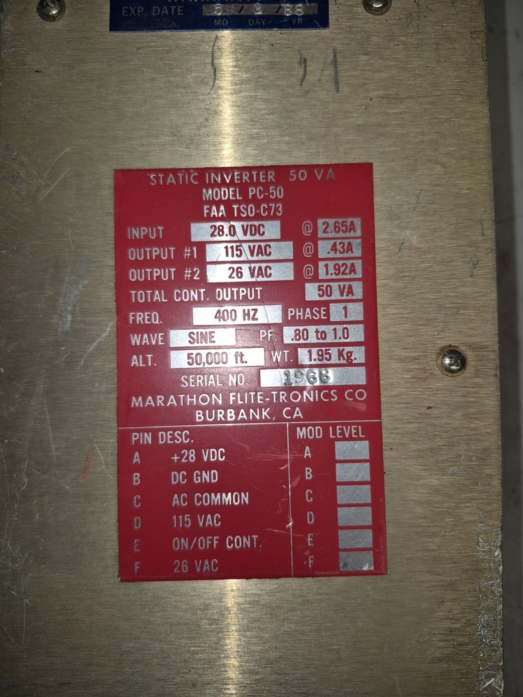 FLITE-TRONICS STATIC INVERTER PART NUMBER PC-50
