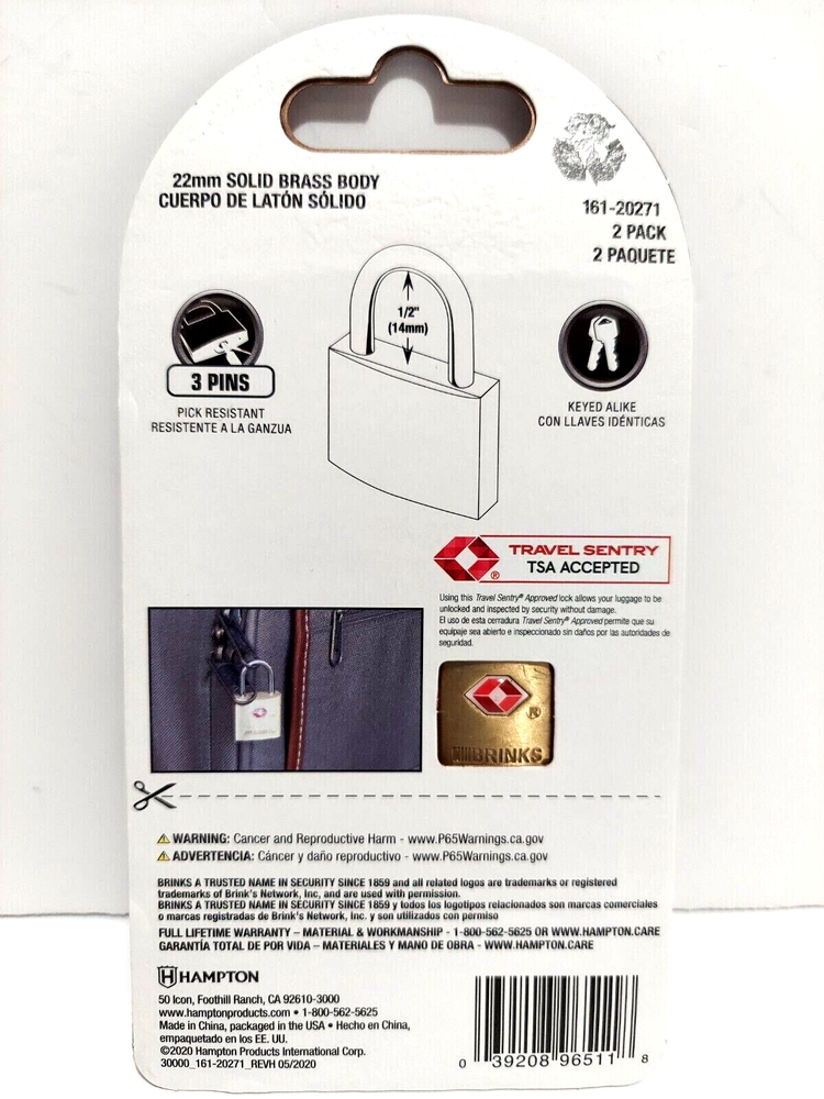 Brinks TSA Solid Brass Travel Padlock, 1/2 inch Shackle, 2 Pack Keyed-Alike