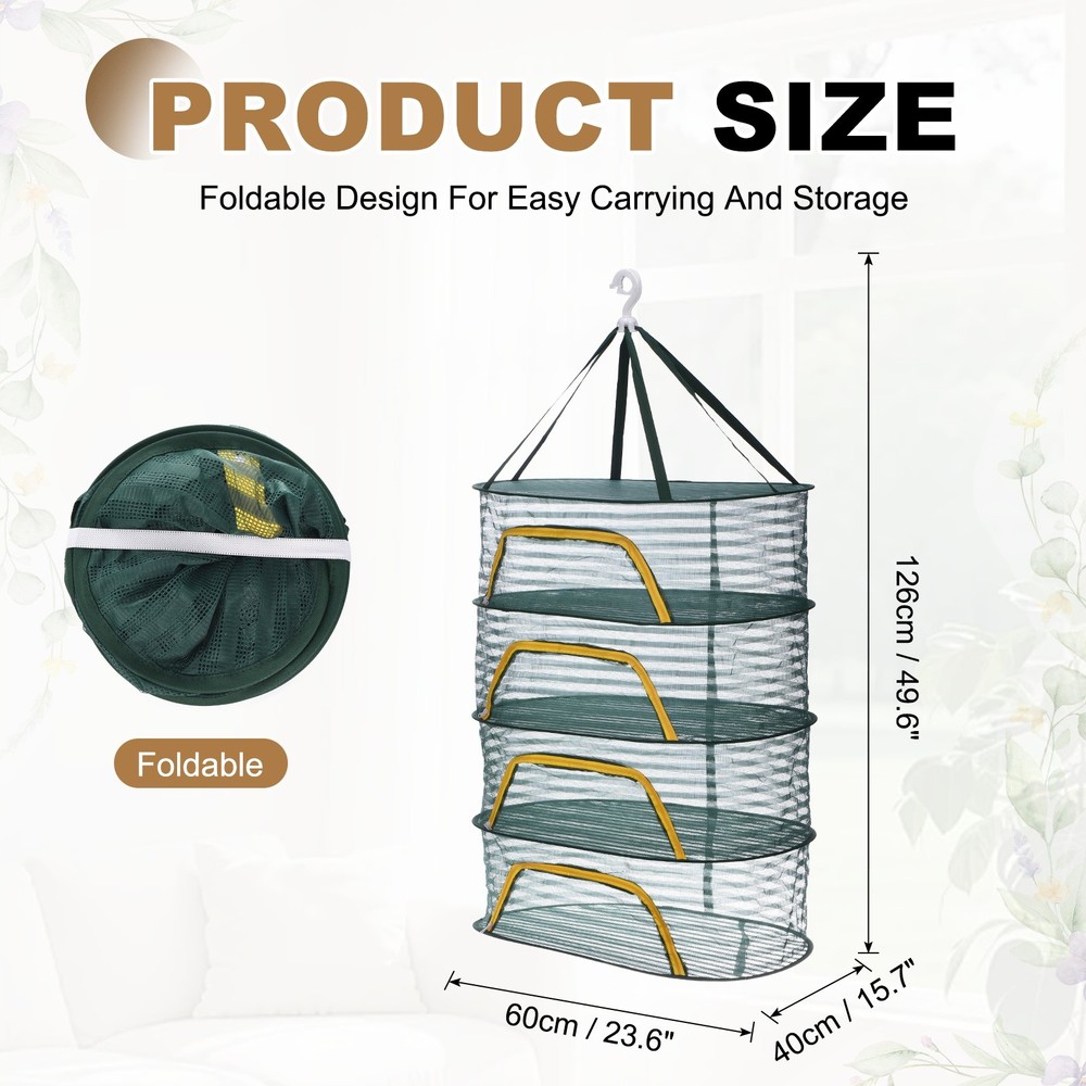 Herb Drying Rack, 24" 4-Layer Hanging Drying Mesh Net, Green