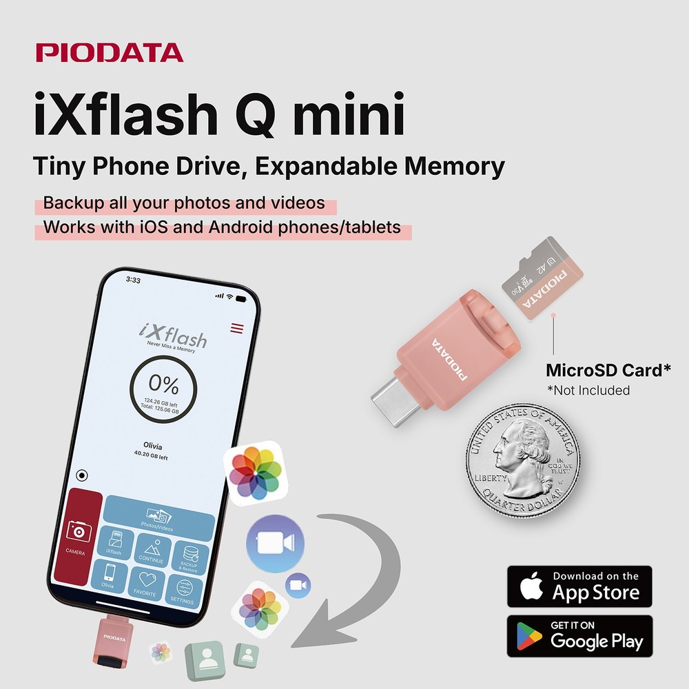 PioData Micro SD Card Reader for USB C iPhone, iPad, Android iXflash Q mini Pink