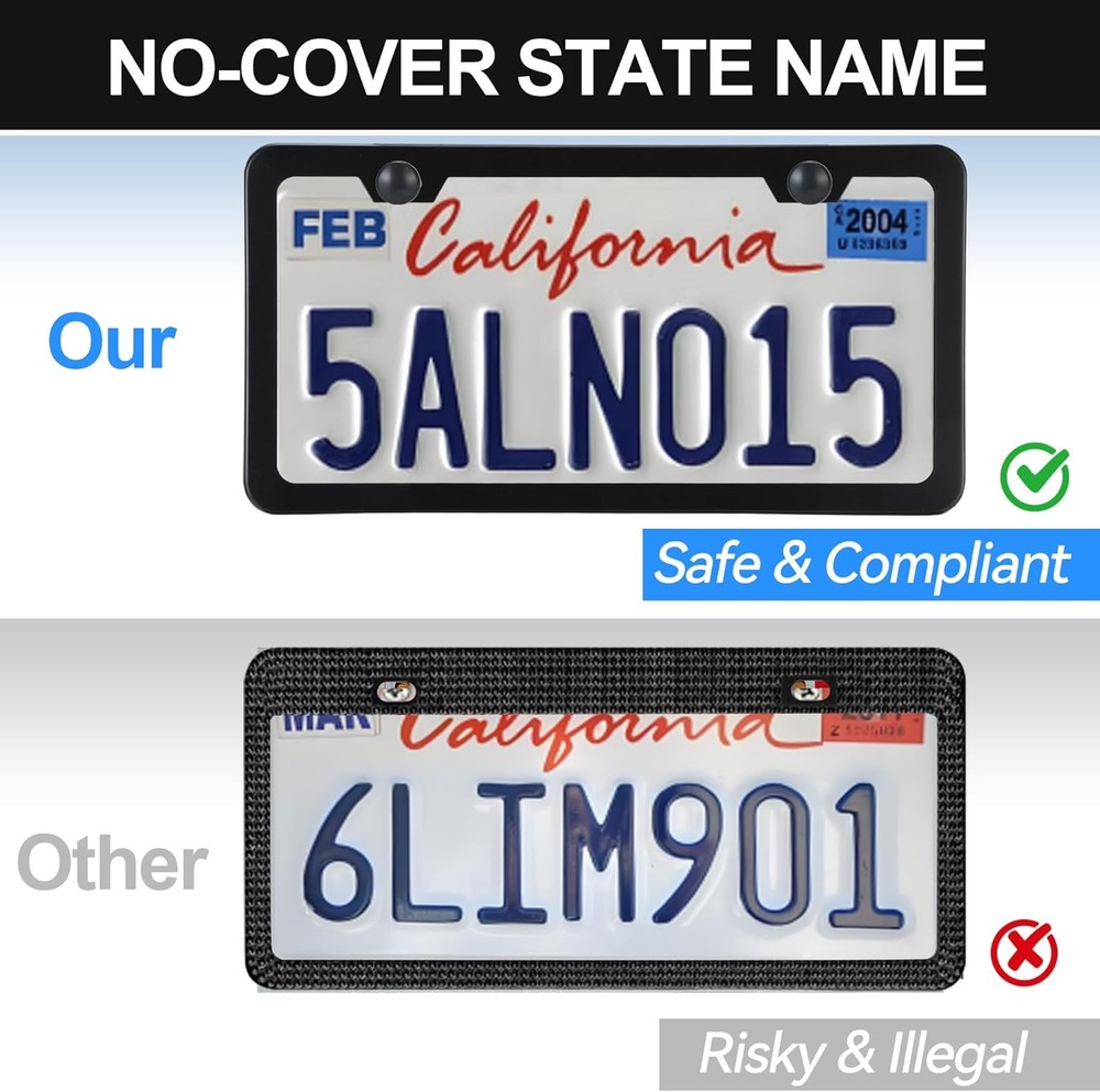 2PCS Matte Black License Plate Frames - No-Cover State Name - Premium Rust Proof