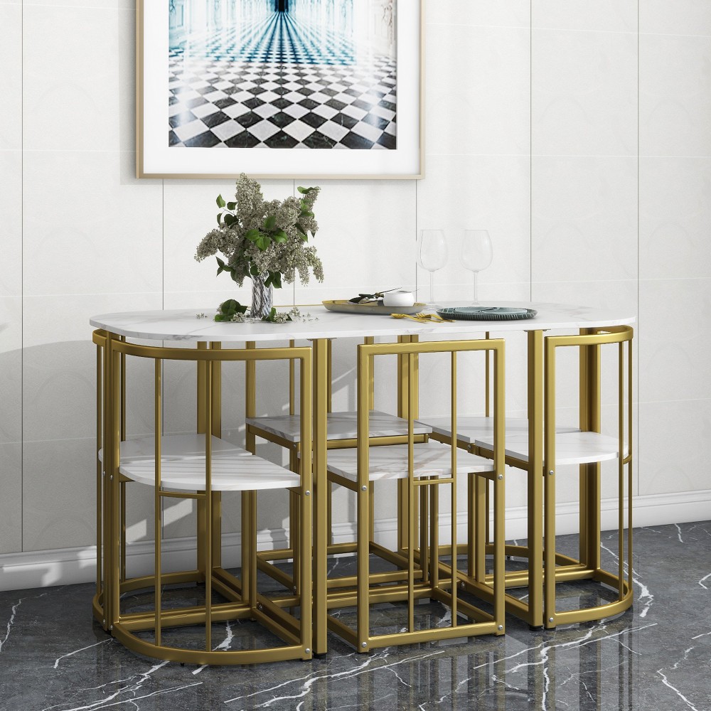 Modern 7-Piece Dining Table Set with Faux Marble Compact 55Inch Kitchen