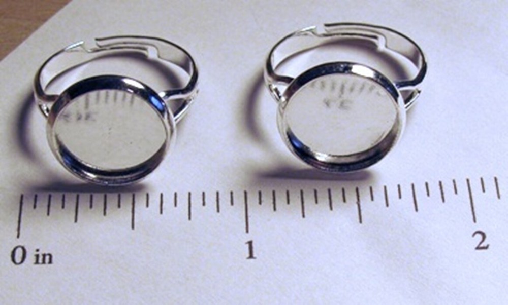 100 SILVER PLATE Adjustable RING BLANKS Beveled pad for 12mm Cabochon Bezel edge