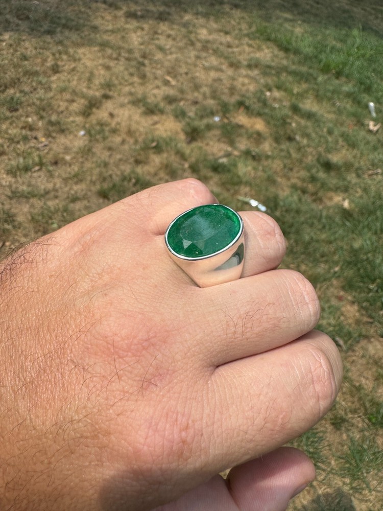 Large 18ct Genuine Emerald Gemstone Mens Real Solid 925 Silver Oval Signet Ring