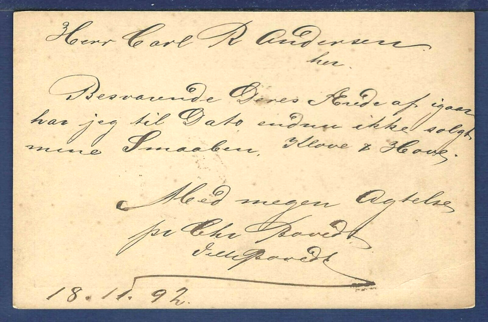 DENMARK Postal Card from Copenhagen 1892