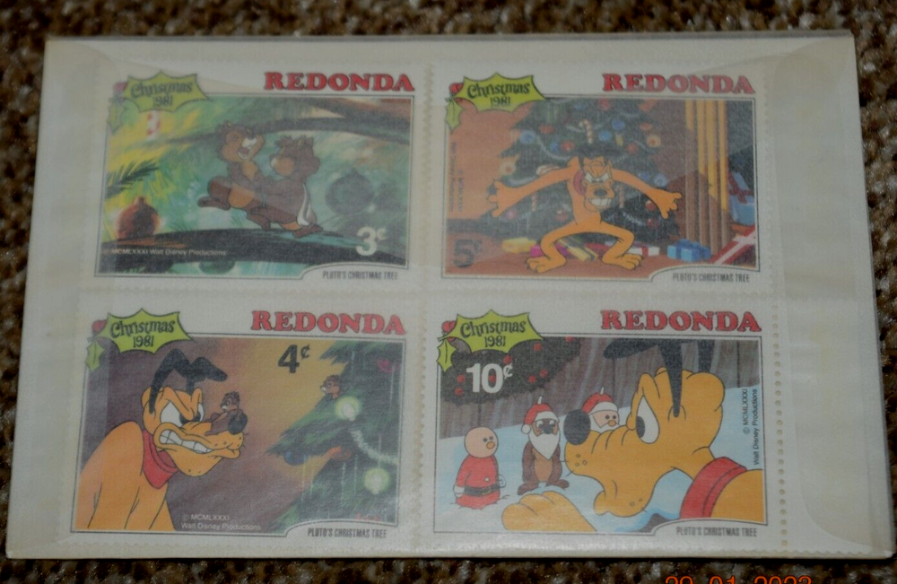 DISNEY, REDONDA, Mint Set (7) ,"PLUTO CHRISTMAS TREE, MICKEY CHOPPING," 1981