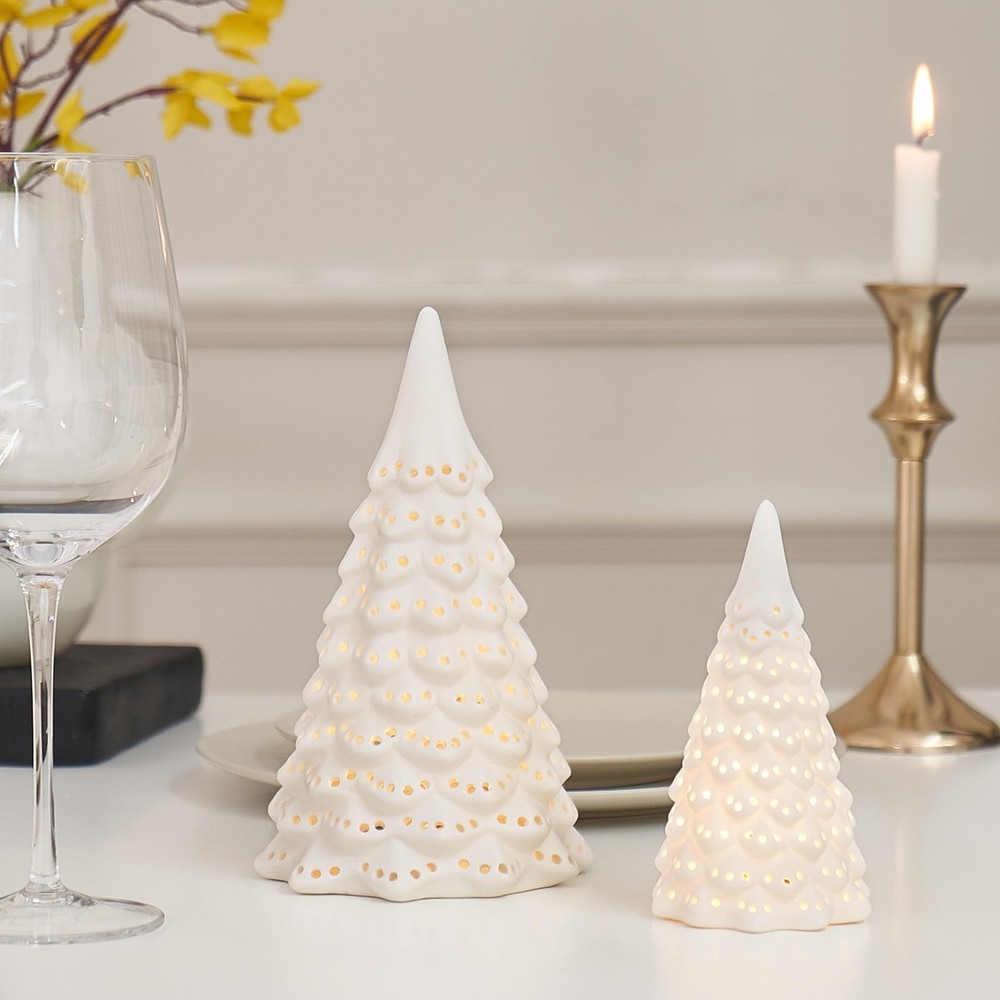 2-Pack Light Up Ceramic Christmas Tree Lighted Porcelain Christmas Tree with