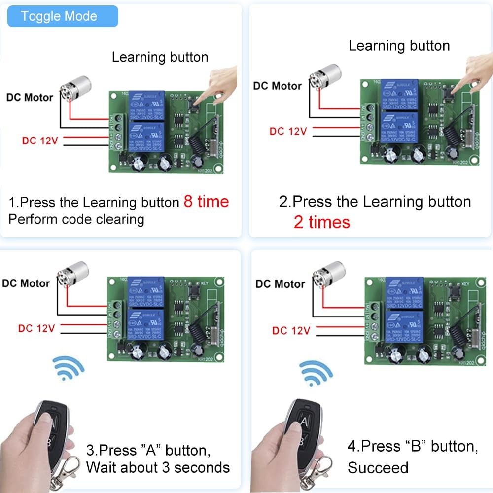 DC 5V-60V Motor RF Remote Control, KR1202, Forward, Reverse, 433Mhz, Relay