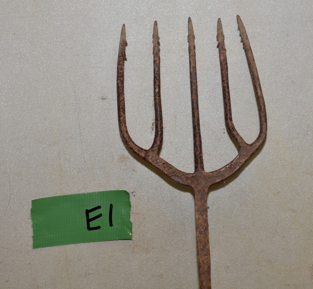 2 antique blacksmith forged tools eel frog fish gig spear & fork collectible E1