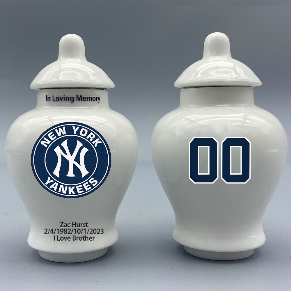 Ceramic Baseball Urn – New York Yankees Theme, Custom Text & Number