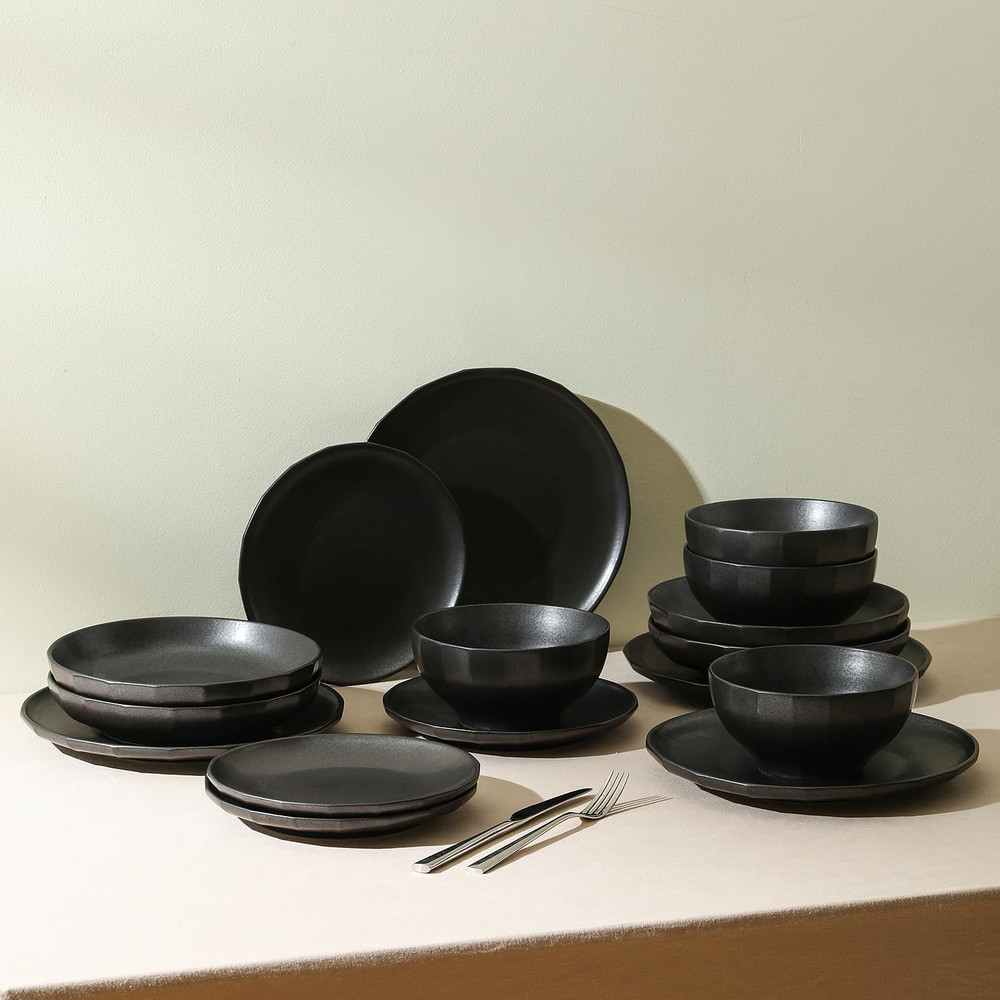 Rio 12-Piece Black Stoneware Dinnerware Set for Elegant Dining