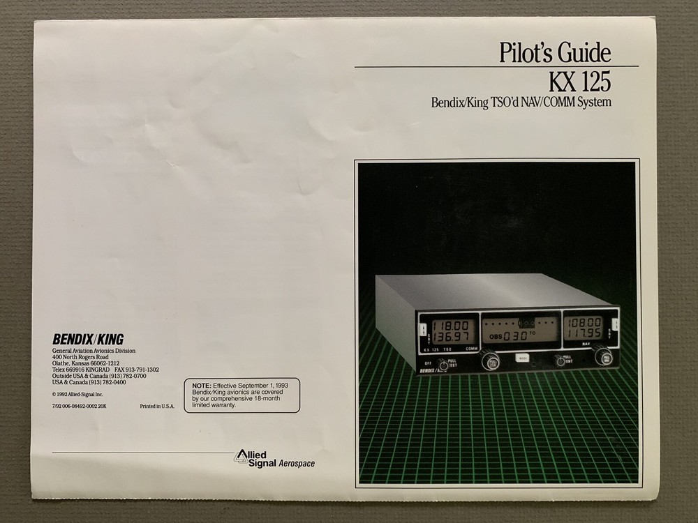 Bendix/King KX-125 Pilot TSO'd NAV/COMM System Tri-Fold Sales Brochure 1992