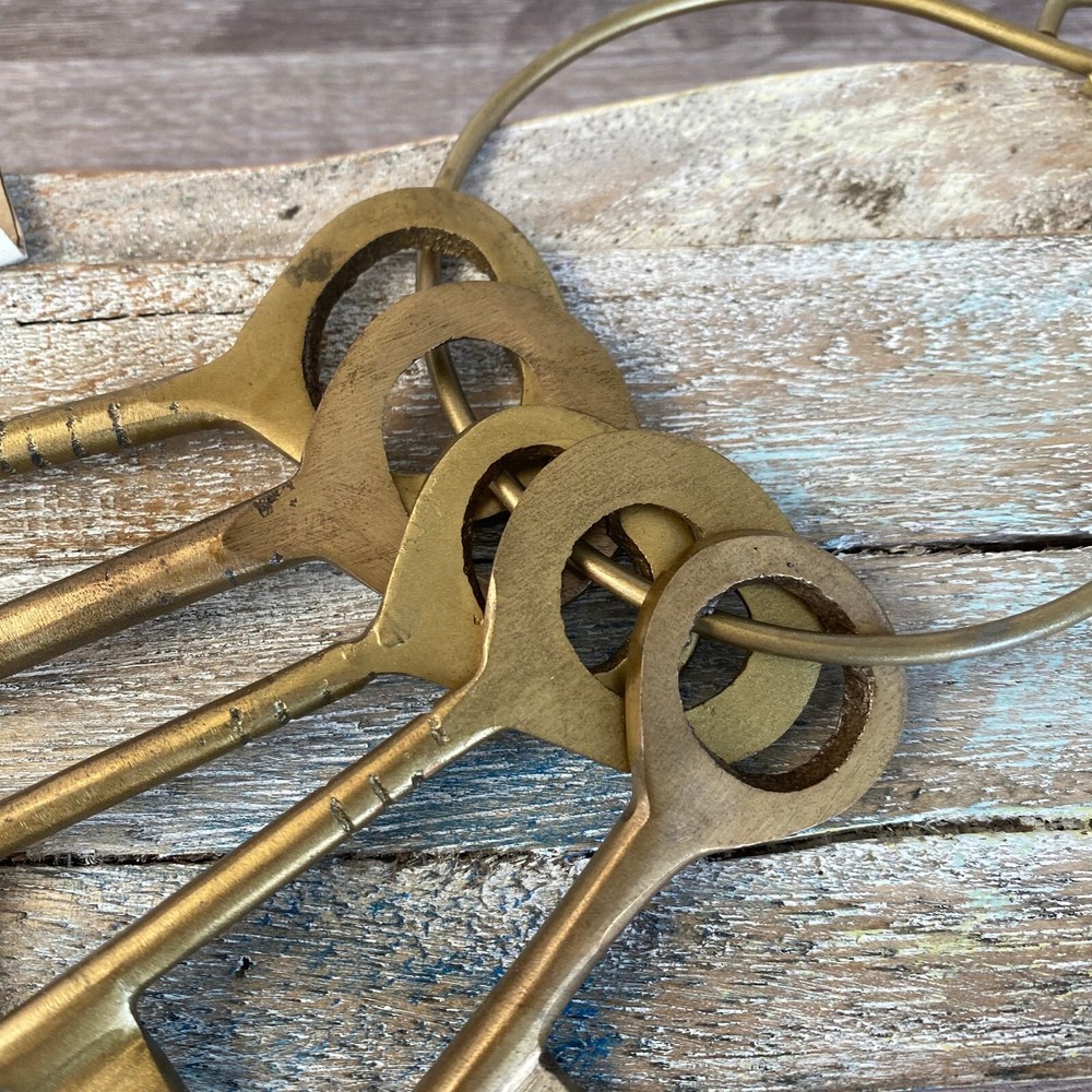 Hand Forged Solid Brass Keys On Ring - Set of 5 - Decorative Skeleton Key Set