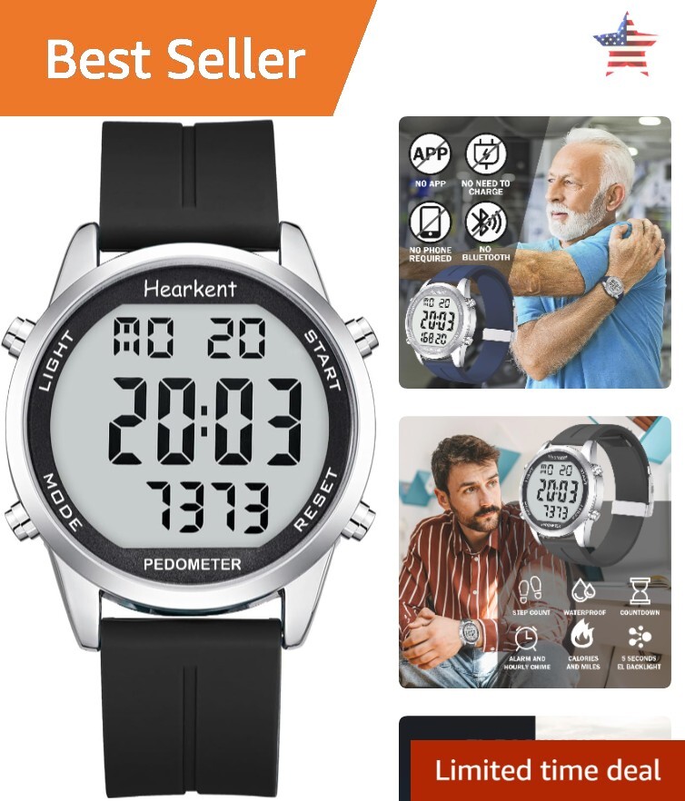 Standalone Pedometer Watch - Steps, Calories Counter, Waterproof Design