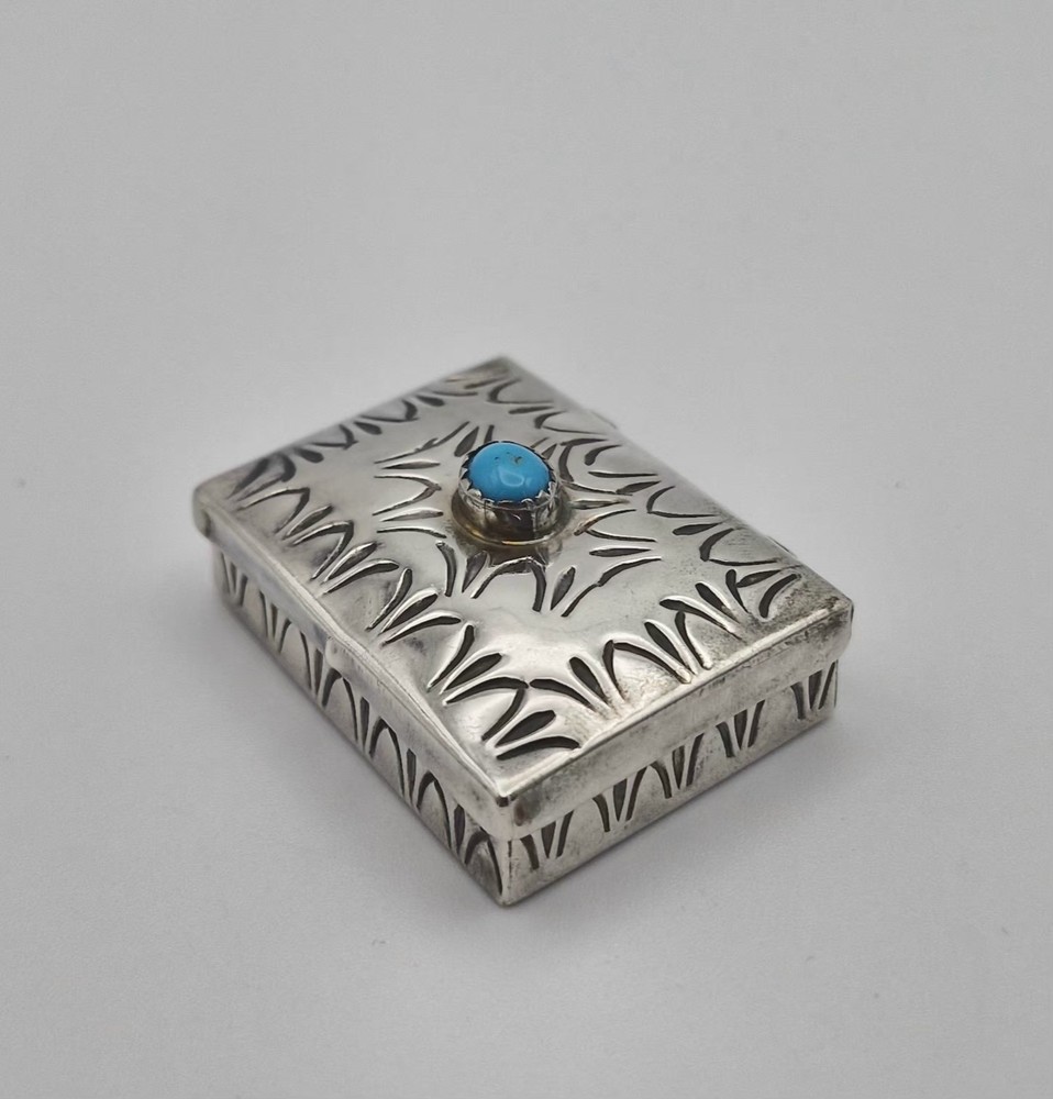 Vintage Sterling Silver Pill Box Rectangular Engraved Blue Turquoise 14.3g