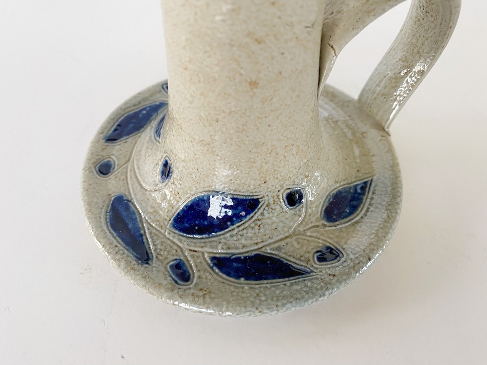 Pottery Salt Glazed Candlestick Holder 6 Inch Handle Blue Leaf Primitive Rustic
