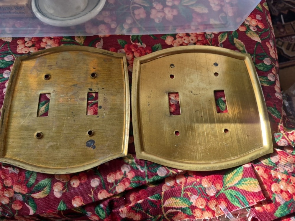 2 Similar Vintage Solid Brass Raised Edge Dual Electrical Switch Cover
