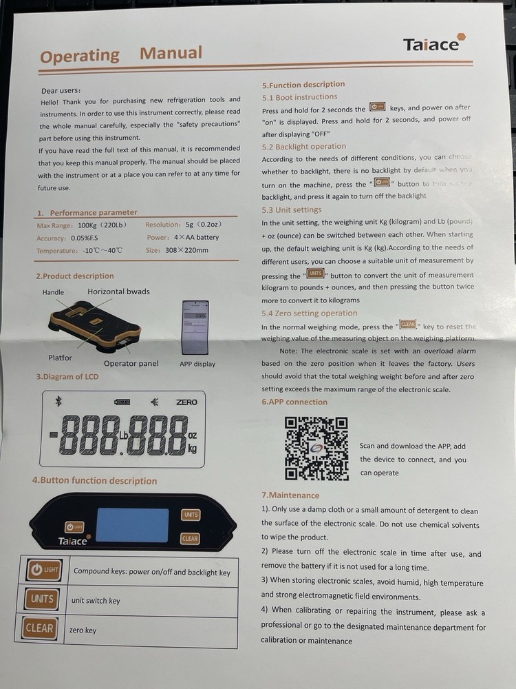 Electronic Refrigerant Scale Digital Charging Freon 100kg/220lb