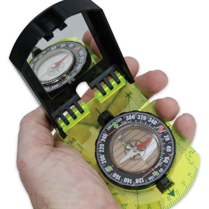 MULTI-FUNCTIONAL SURVIVAL COMPASS WITH SIGNAL MIRROR ROTATING RING, POCKET READY