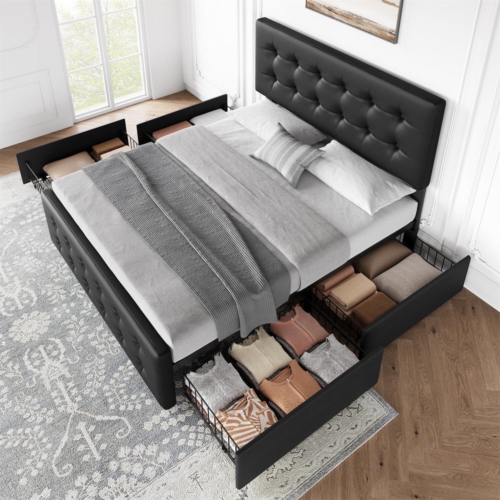 ⭐Full Size Bed Frame with 4 Storage Drawers and Headboard Upholstered Platform U