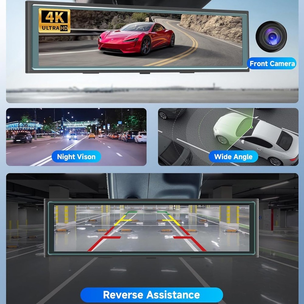 Mirror DashCam Wireless CarPlay Android Auto 9.66" IPS Touch 4K Front 1080P Rear