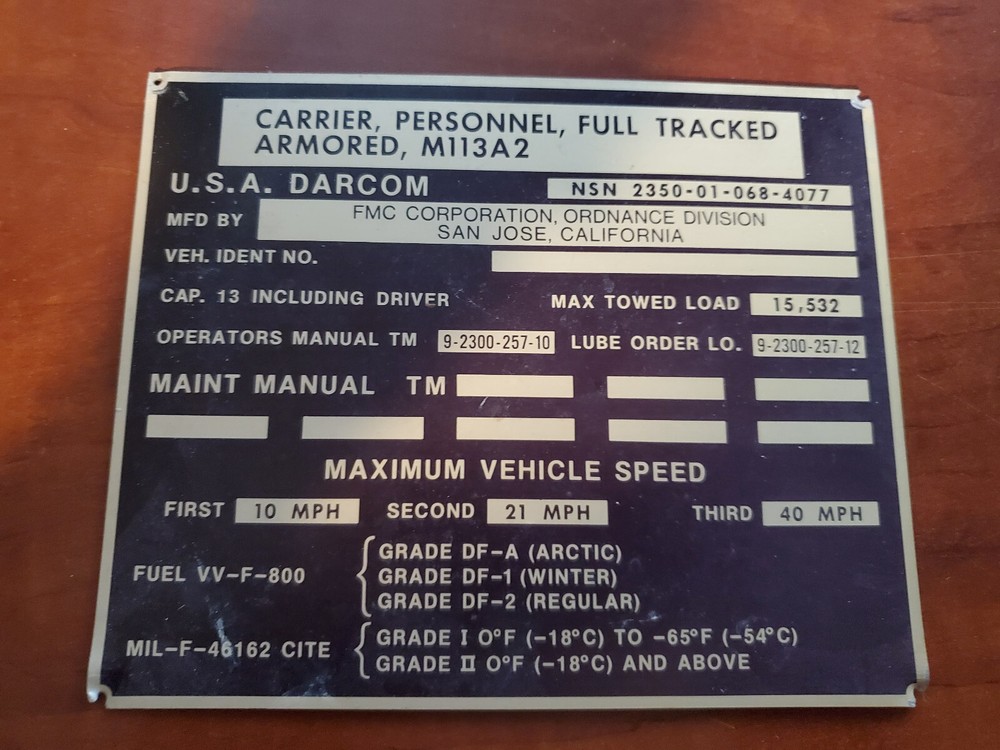 Original Take-off M113A2 Vehicle ID / Data Plate