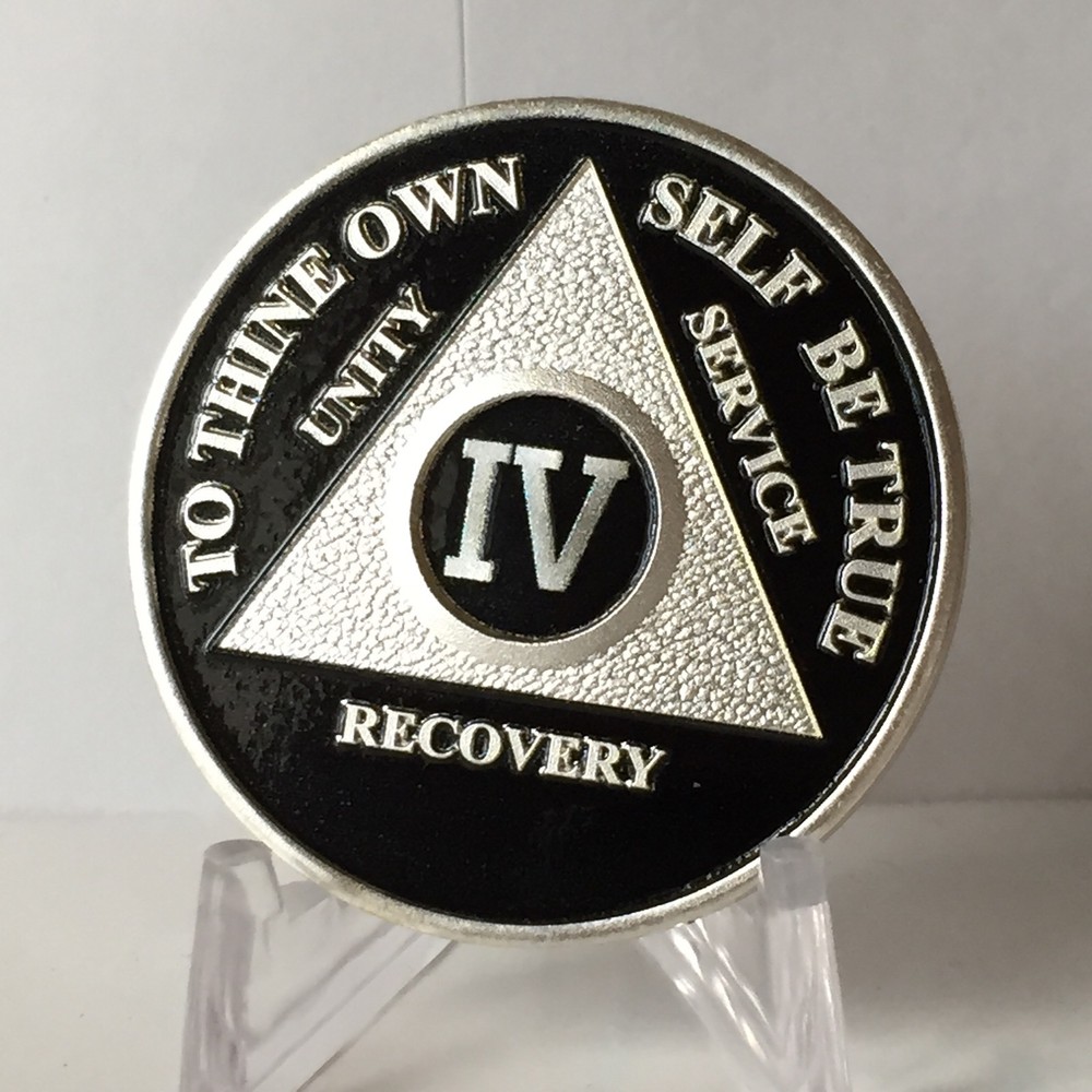 Black & Silver Plated Four Year AA Chip Alcoholics Anonymous Medallion Coin 4