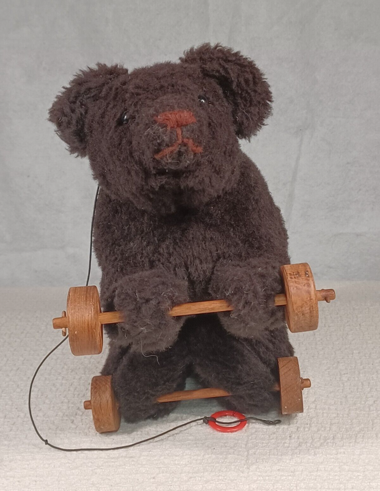 Vintage Plush Teddy Bear on Wooden Wheels Pull Toy