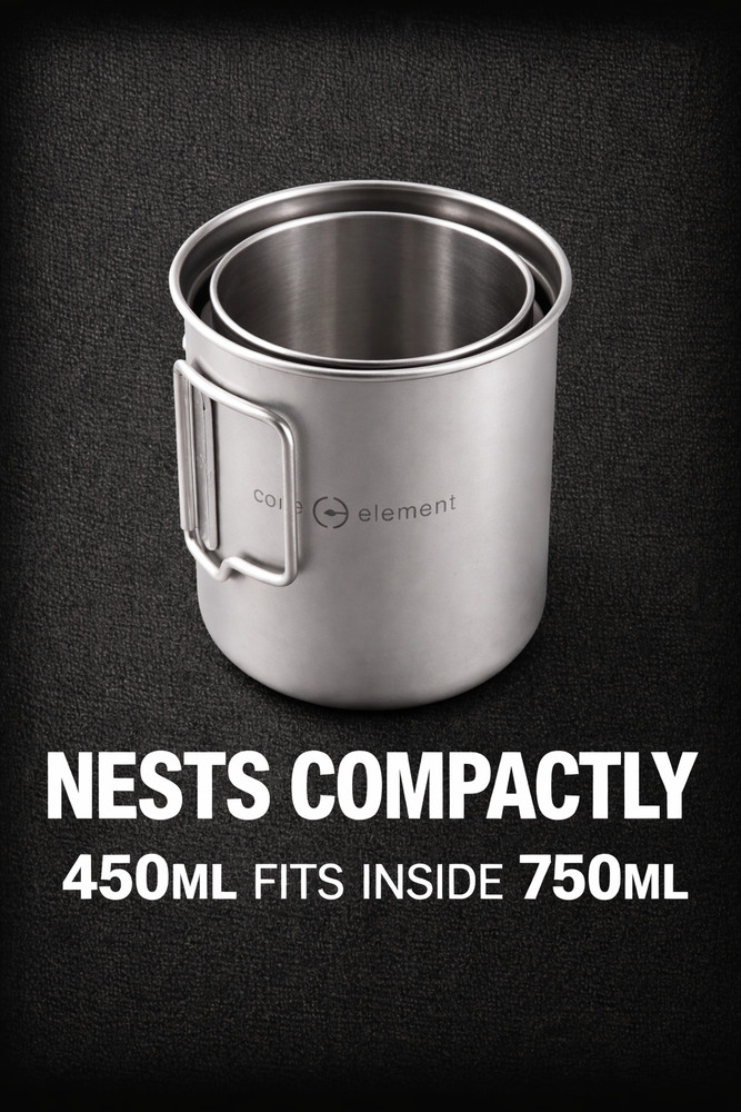 2-PACK 100% Titanium Nesting Cookware Set Mug 15oz 450ml + 25oz 750ml Cup Mug