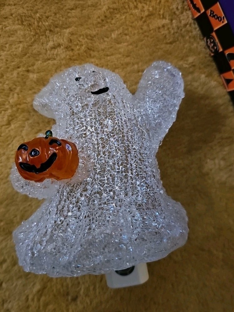 Halloween Pumpkin Night Light Ghost Jack-o-Lantern 5" w/Box Plastic Works