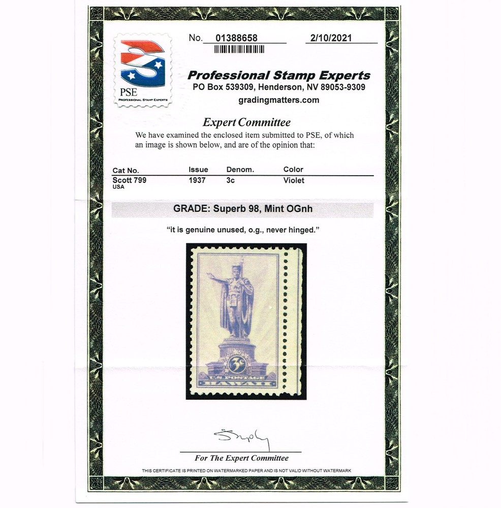 EXCEPTIONAL GENUINE SCOTT #799 MINT PRISTINE OG NH PSE CERT GRADED SUPERB-98