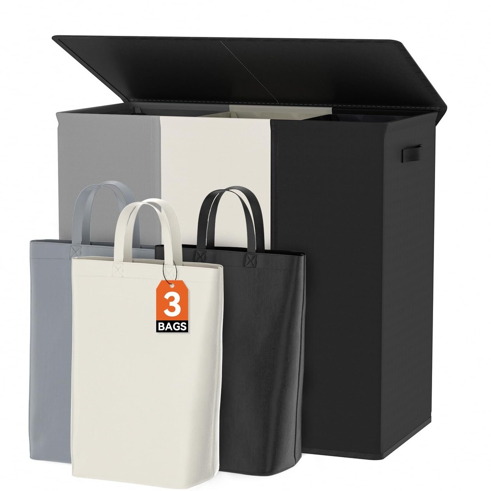 180L Laundry Hamper with Lid 3 SectionLarge Laundry Basket with Removable Bag...
