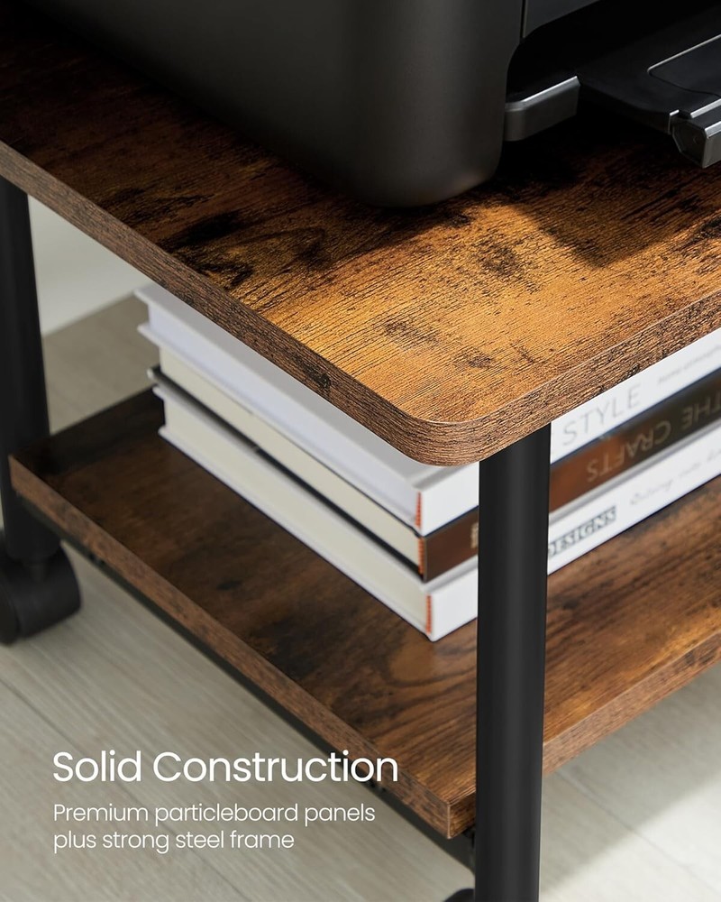 Mobile Printer Stand for Home Office - Rustic Brown & Black 2-Tier Storage Cart