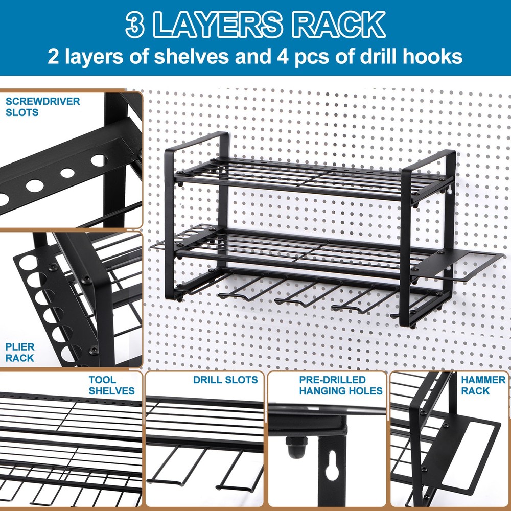 Power Tool Organizer 3 Layers 4 Drill Storage Racks Wall Mount Style Hooks