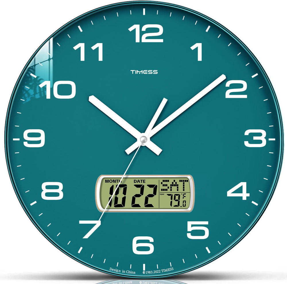 Wall Clock, 12" Dial Non-Ticking Silent Battery Operated Analog with LCD Display
