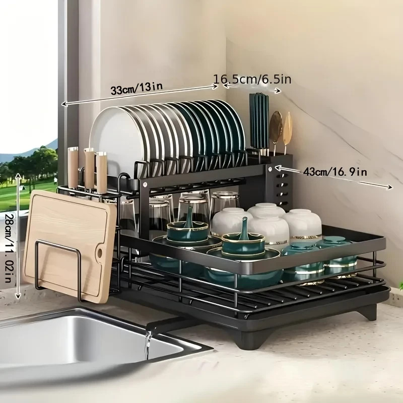 2 Tier Dish Drying Rack Kitchen Drainer Cup Holder Counter Organizer