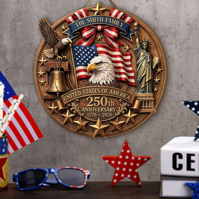 Personalized American Eagle Wall Sign with Rope Custom Patriotic