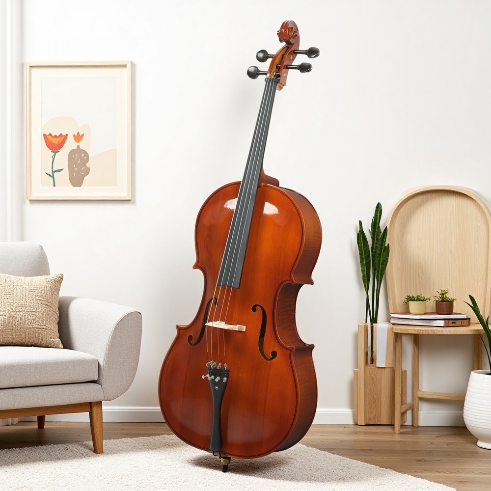 4/4 Full Size Solid Spruce Top Beginner Acoustic Cello Set - Bag Natural Bow