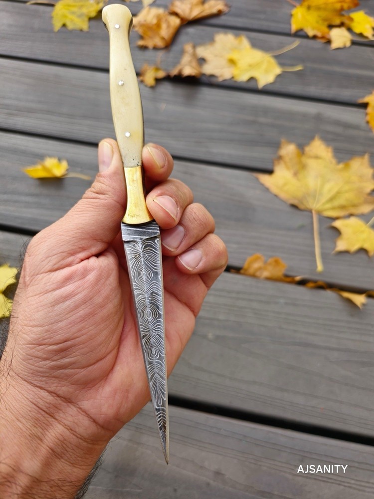 Custom Damascus double edged dagger boot knife Fixed Blade Needle Point