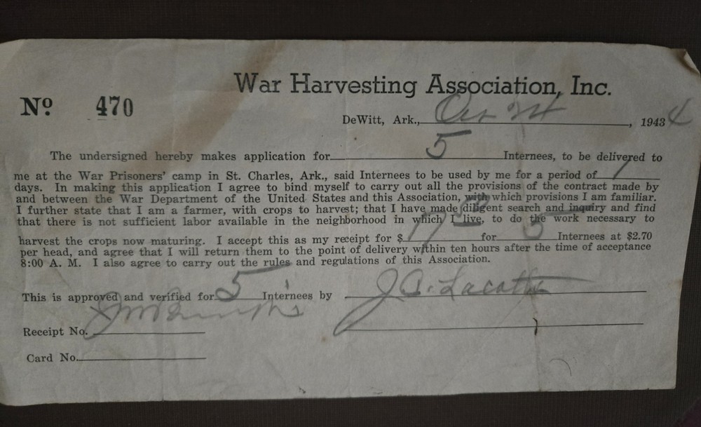 1943 WW2 POW Internee Work Application Form Arkansas War Harvesting Association
