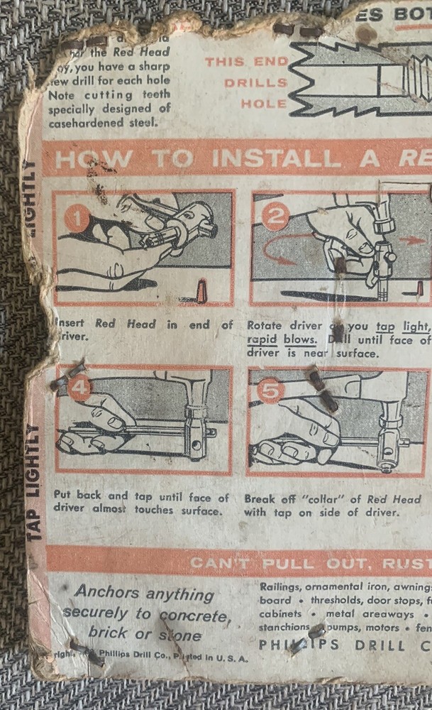 Rare Never Opened/Used 1958 Phillips Red Head Concrete Drill & Anchor Kit *notes
