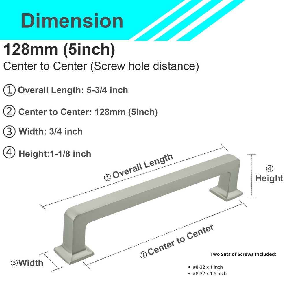 Solid Brushed Nickel Square Cabinet Handles Pulls Knobs Kitchen Bathroom Modern