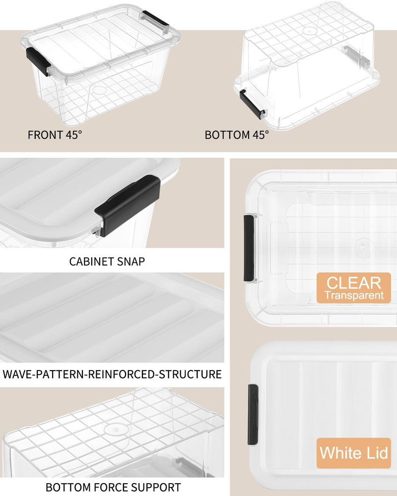 Plastic Storage Bins with Lids 6 Pack, 7 Quart Storage Containers with Black Buc