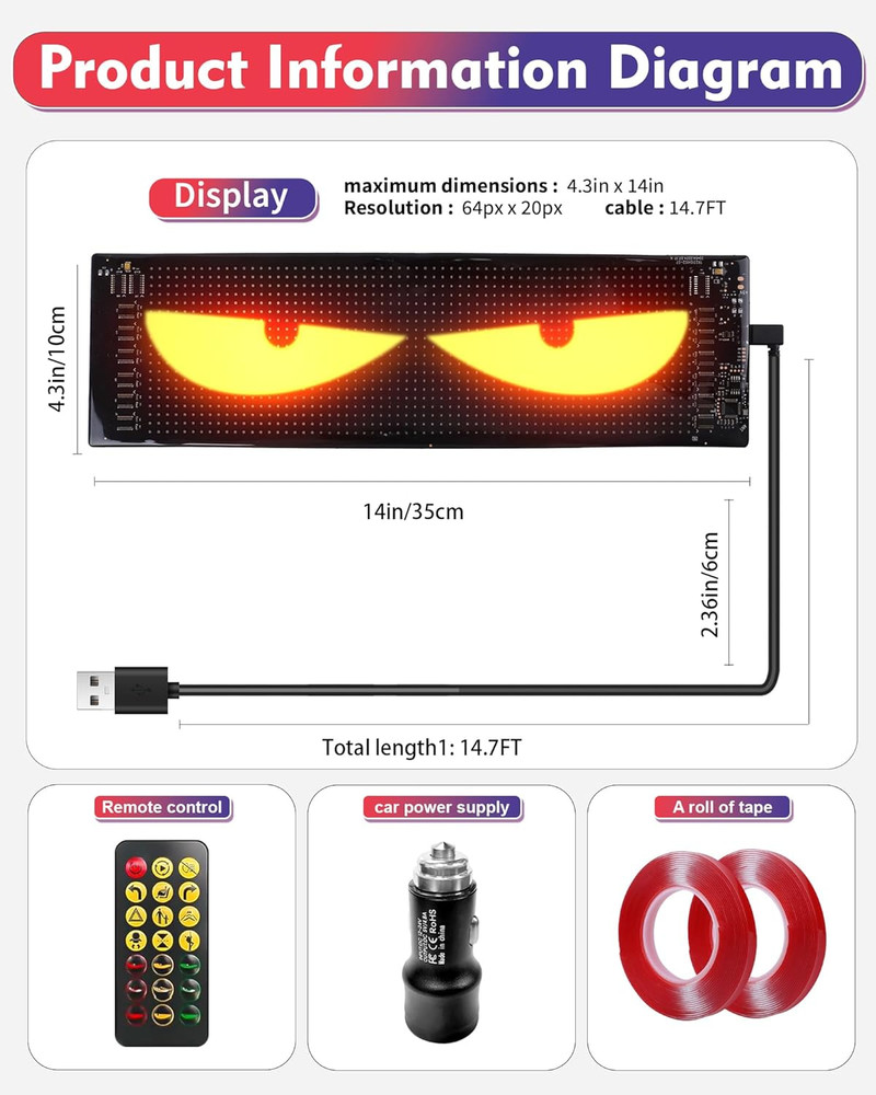 Devil'S Eye 2Pcs:14"X4.3" Programmable Ojos Led Para Carro Windshield Display fo