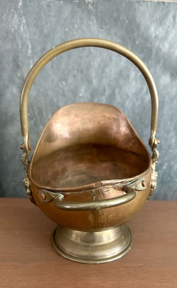 Copper & Brass Mini Coal Ash Scuttle 5" Match Holder Swing Handle Vintage